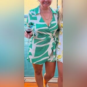 Green and White Geometric Blouse